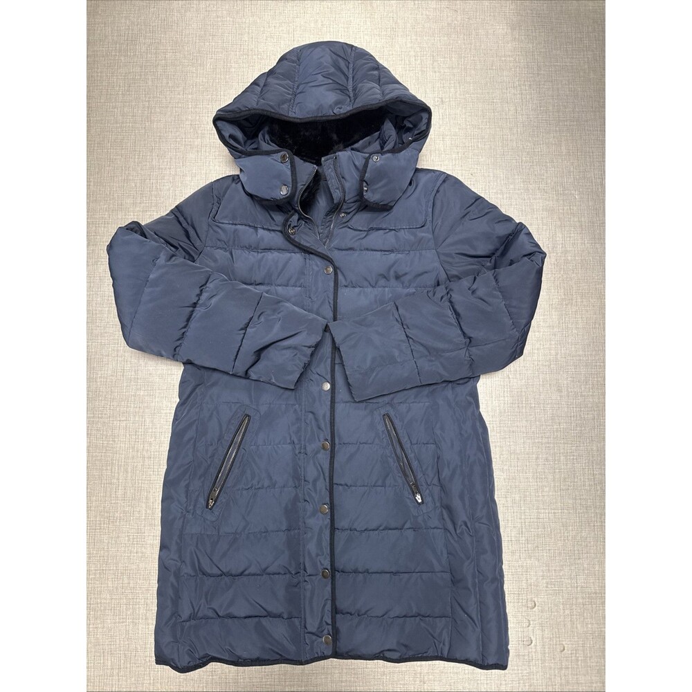 123 Paris Coat 44 Medium‎ Navy Blue Hood Long Down Fur Coat